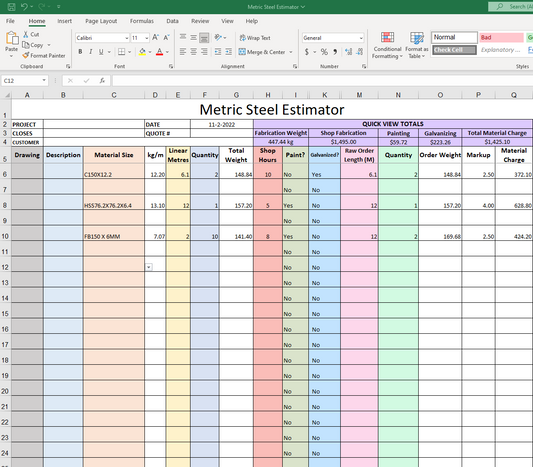 METRIC Steel Estimating Spreadsheet - Instant Download