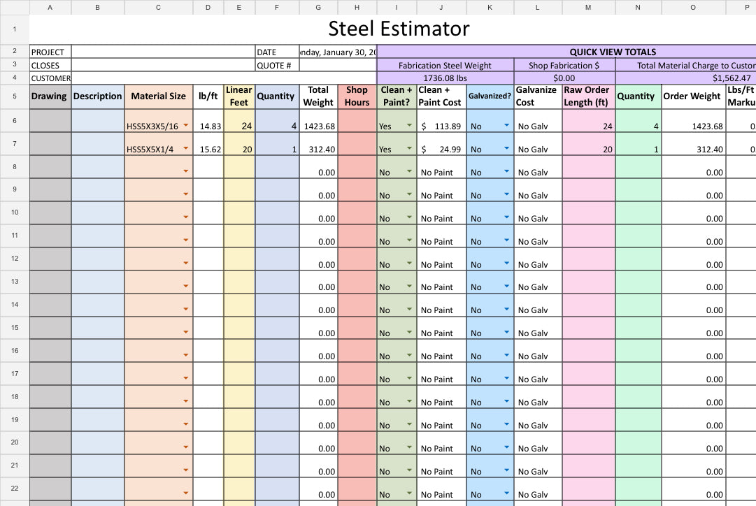 Steel Load Calculation Worksheet Steel Estimating Spreadsheet - Instant Download