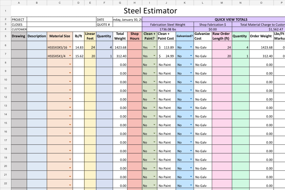 Steel Estimating Spreadsheet - Instant Download